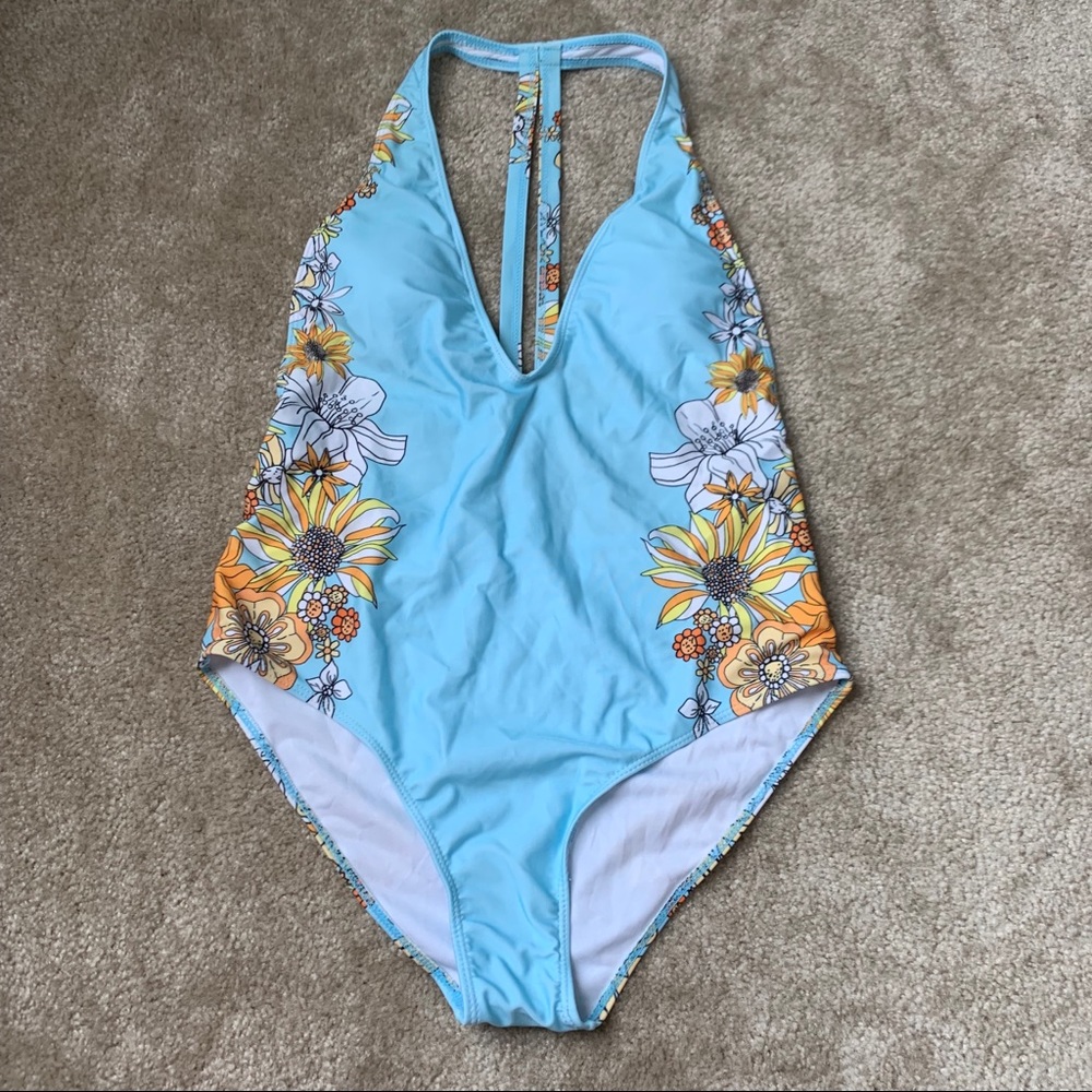 Deep plunge floral one piece swimsuit